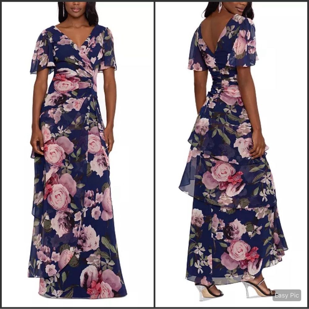 NWT XSCAPE Women's Surplice Tiered Gown Size 4 Blue